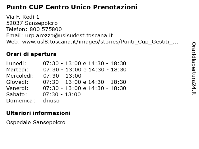 Orari di apertura Punto CUP Centro Unico Prenotazioni Via F